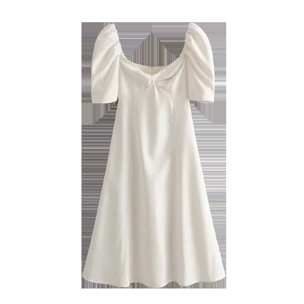 

Women Summer White Vintage Sexy Chic Long Dress Twist V Neck Puff Sleeve A-line Sundress 210520
