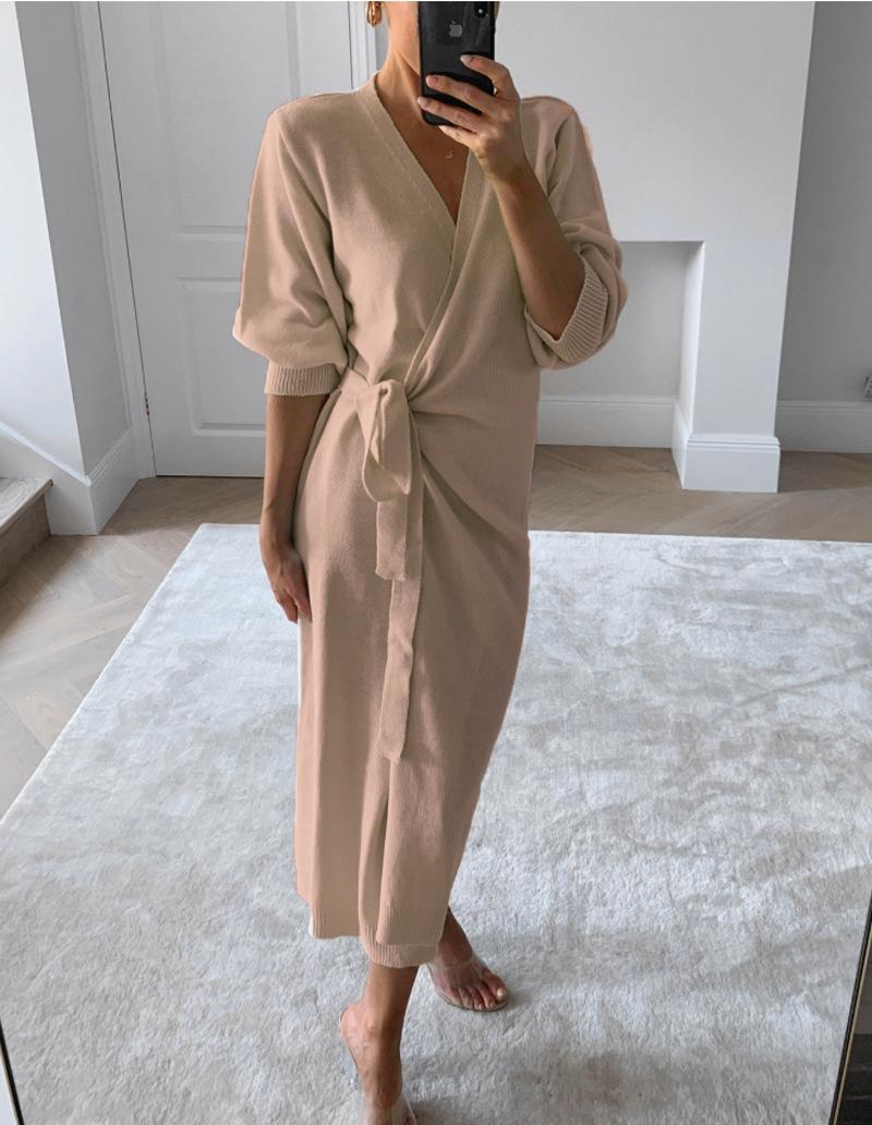 

Casual Dresses Autumn Winter Women Sweater Dress Knitted Wrap Oversize Elegant Day Sexy V Neck Knitwear Robe 2021 Ladies Clothes, As pic