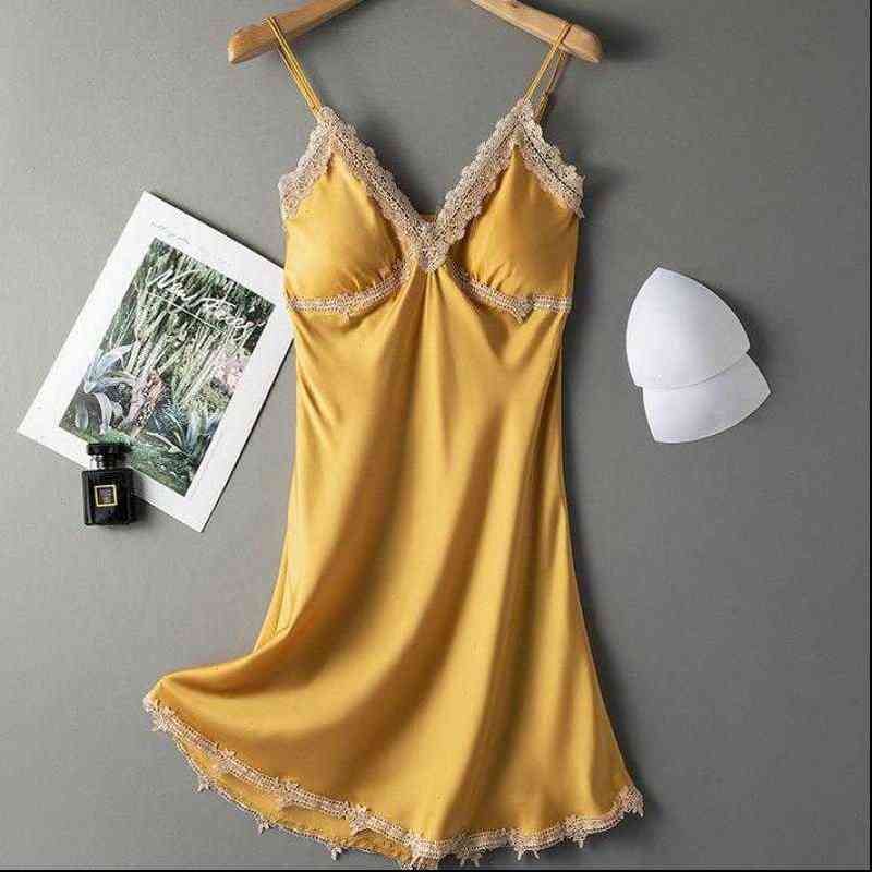 Chemise Nightgown Satin V neck Women Sleepwear Nightdress Suspender Lace Trim Casual Summer Dressing Gown Thin Intimate Lingerie-image-699792306