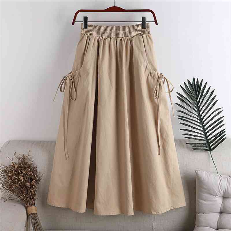 

spring summer women skirts female elegant long midi skirt empire a-line big pockets lace up pleated skirt mujer faldas, Black