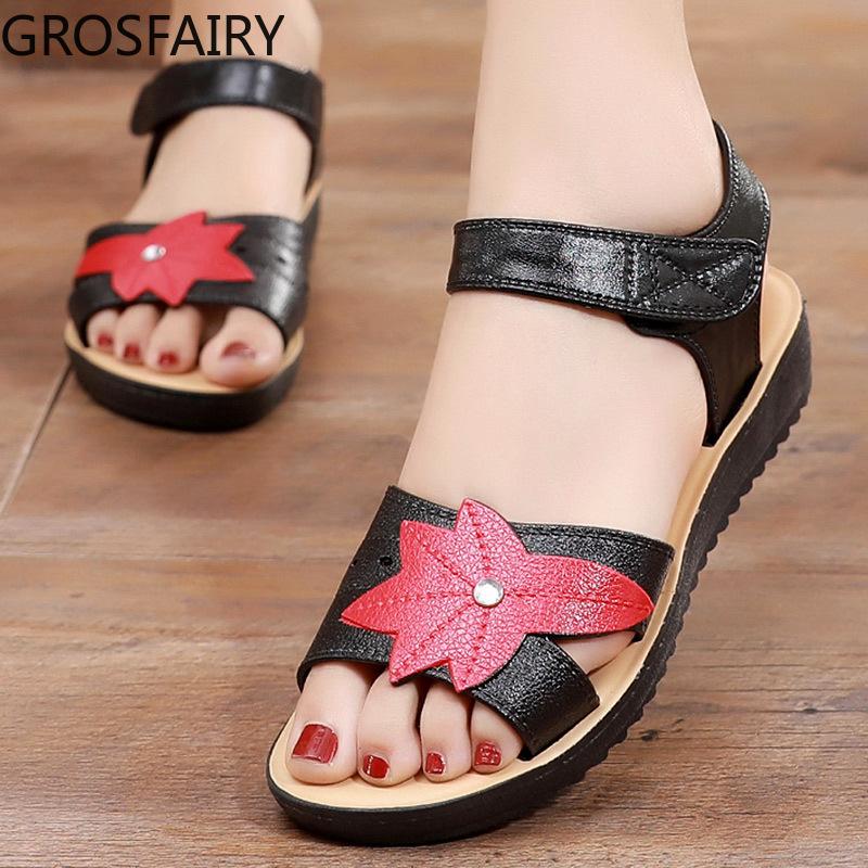 

Sandals Women's Middle-aged Mother Summer Ladies And Slippers Flat Non-slip Elderly, Black