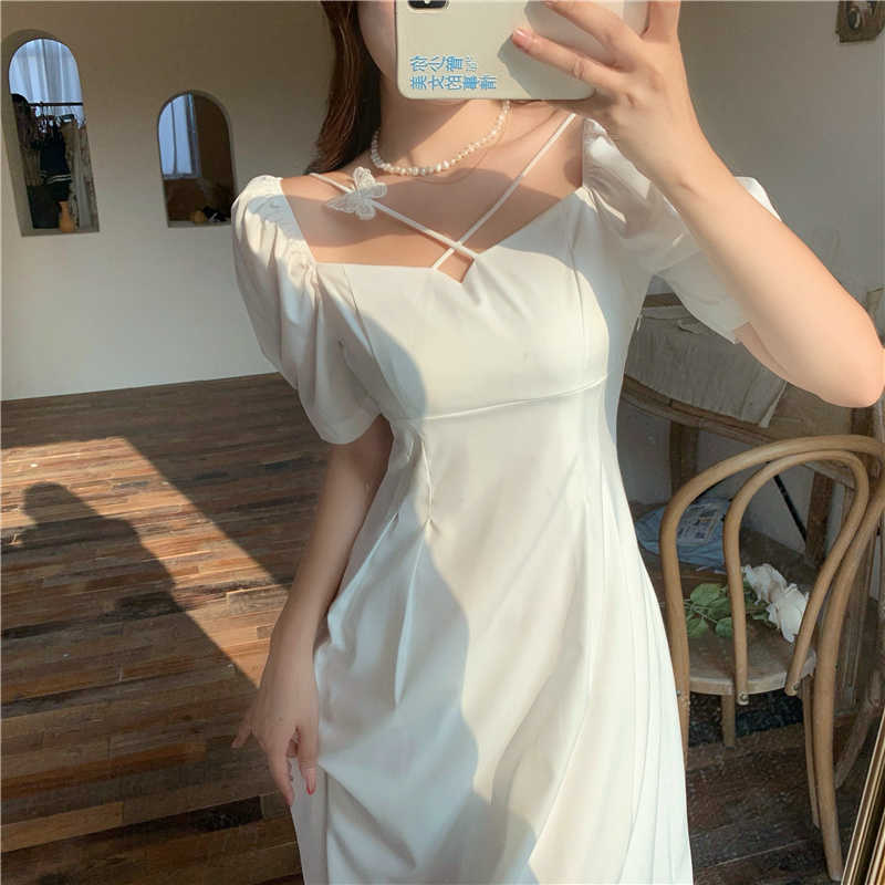

Women Casual Sexy Design Vintage Short Sleeve Midi Dress Female Solid Slim Party Korean Summer 210526, Photo color