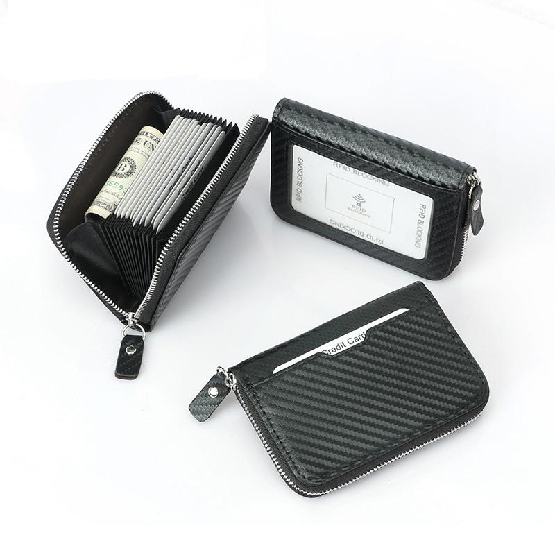 

Card Holders Carbon Fiber Bank RFID Holder For Man Microfiber Short Business Case With Zipper Wallet, Black