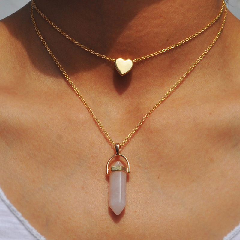 

Natural Stones Heart Necklace Fashion Crystal Quartz Chakra Bullet Hexagonal Prism Point Healing Pendant Necklaces Double Layer Gold Chain for Women Party Jewelry