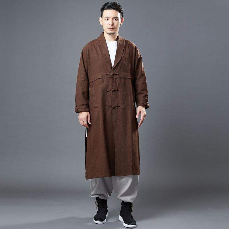 

Men's Trench Coats Windbreaker Chinese Ramie Lapel Cardigan Medium Hand Button Clothing Ye Wen, Black