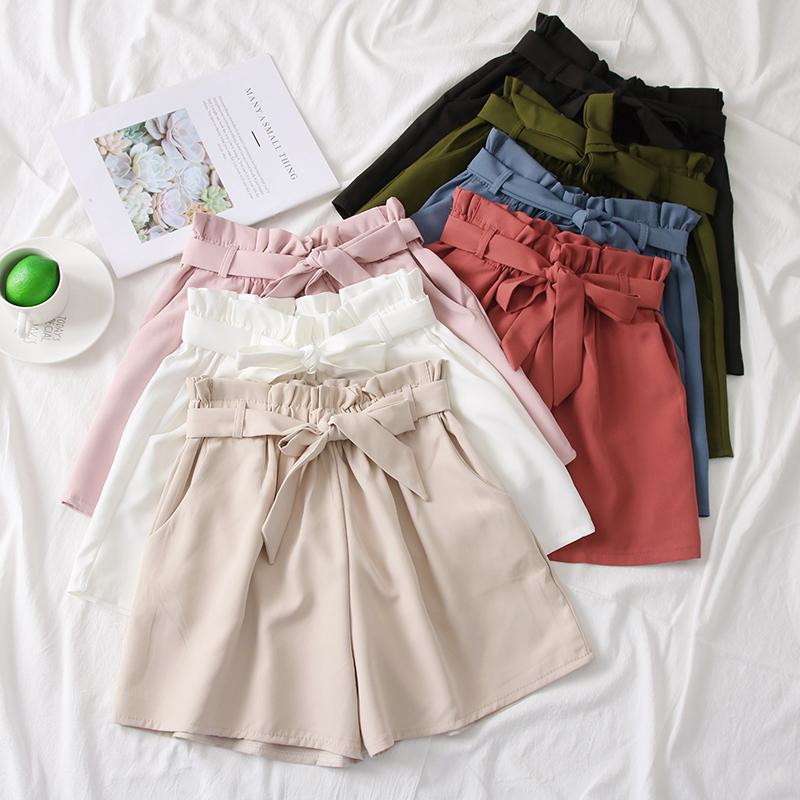 

Women's Shorts 2021 Solid Color Korean Fashion Bow Belt Wide Leg Loose Korte Broek Dames High Waisted, Army green
