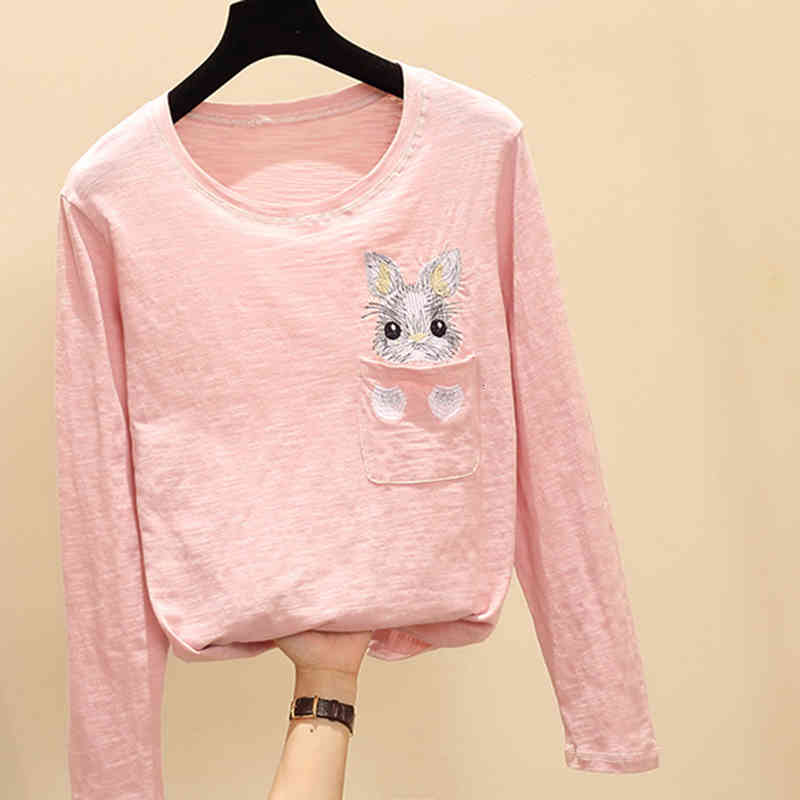 

Women' T-Shirt shintimes Pink Cotton ee Femme Autumn Vogue Cartoon Embroidery Women Long Sleeve Camiseta Feminina 2WBR, Black