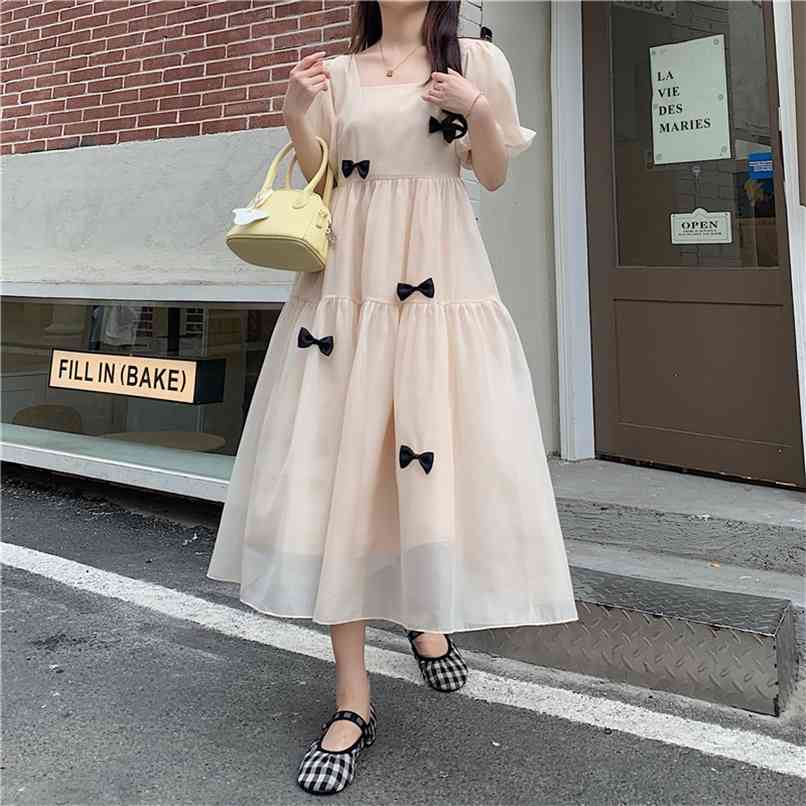

Gentle Retro Sweet Square neck Gauze Long Dresses Women Summer 3D Bow Embellished Short Sleeve Loose A-line Dress 210602, Beige