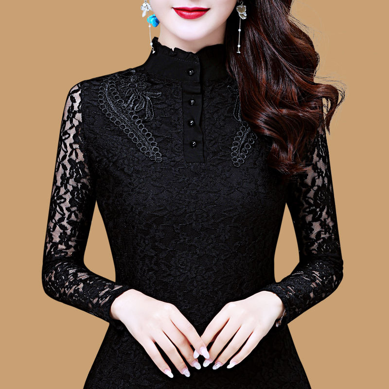 

Women Spring Autumn Style Slim Lace Blouses Shirts Lady Casual Long Sleeve Turtleneck Flower Printed Lace Blusas Tops DD8199, Black