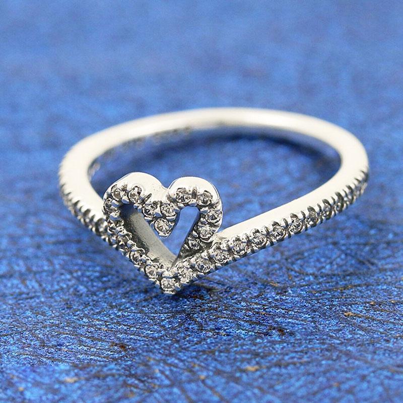 

925 Sterling Silver Clear Stones Sparkling Wishbone Heart Ring Fit Pandora Charm Jewelry Engagement Wedding Lovers Fashion Ring For Women