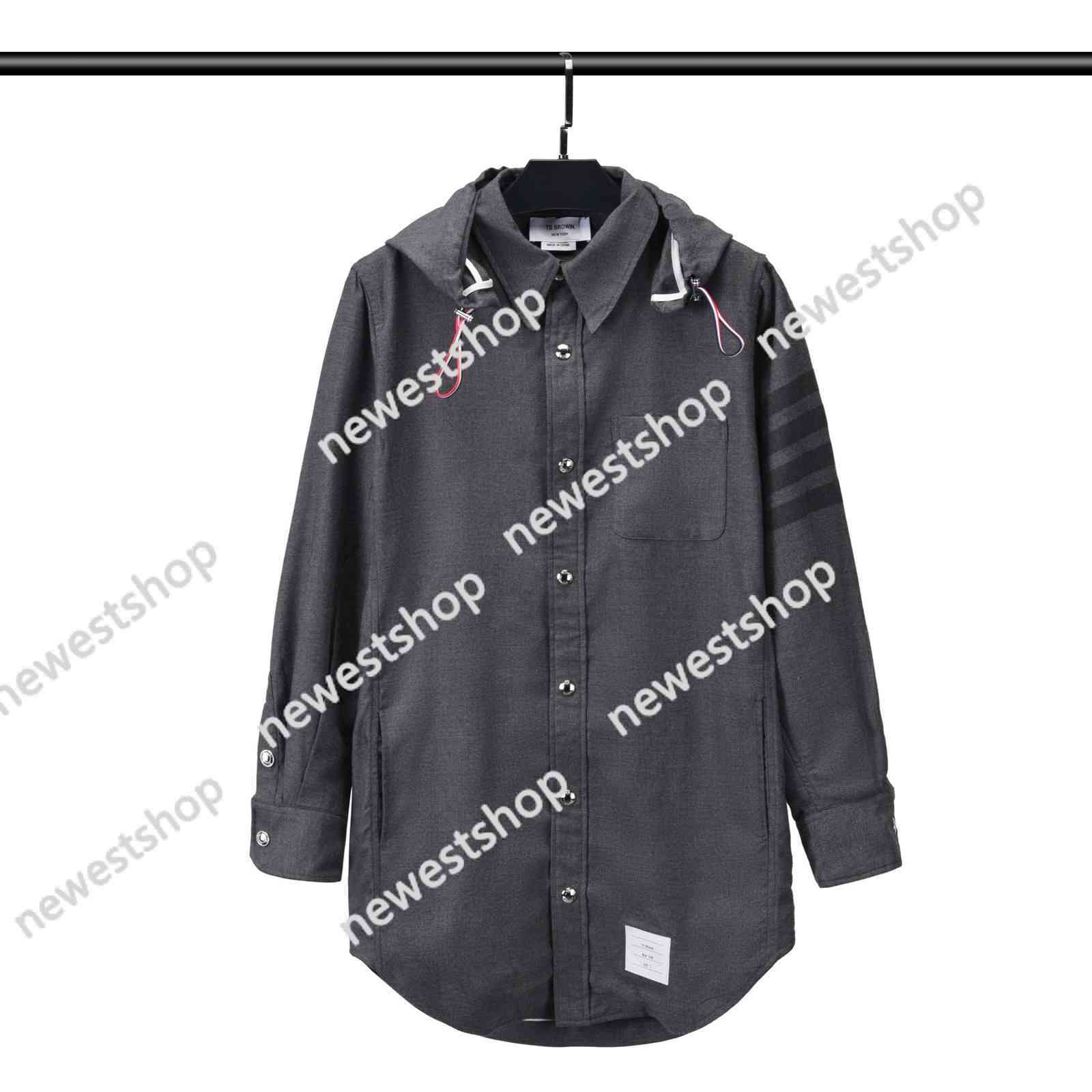 

Tb Browin Shirt for Men Wool Hooded Striped Casual Blouse Women Loose Long Design High Korean Luxury, Dark grey