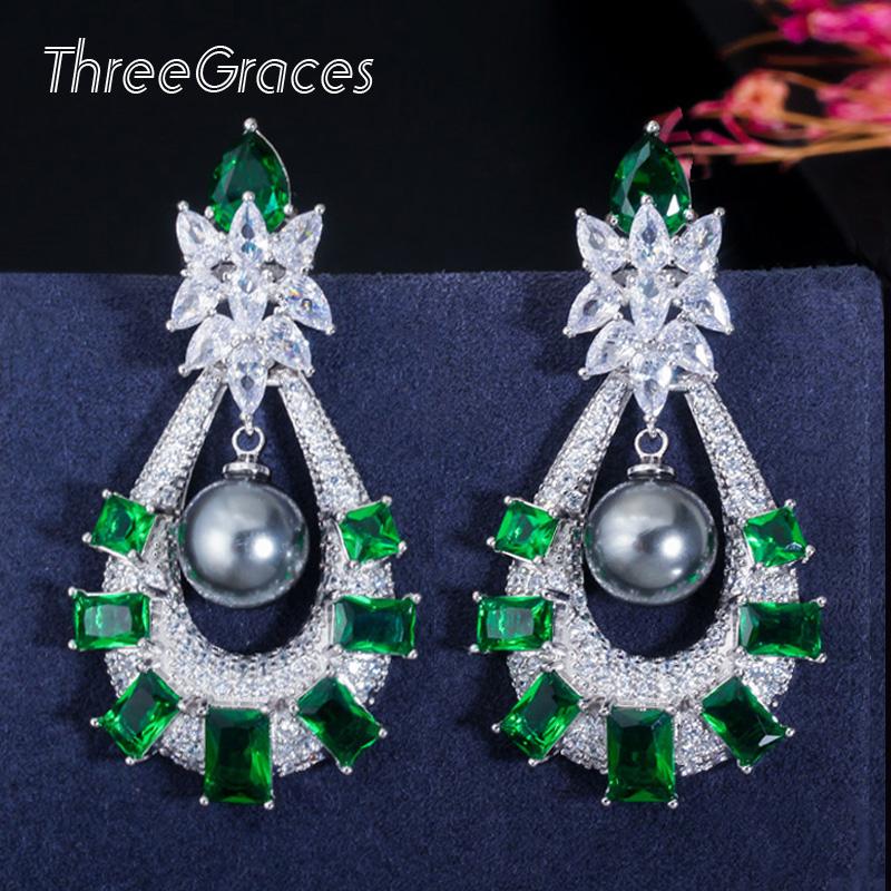 

Dangle & Chandelier ThreeGraces Elegant Green Square CZ Zircon Crystal Long Grey Pearl Hanging Drop Dancing Party Earrings For Women E0355, Silver
