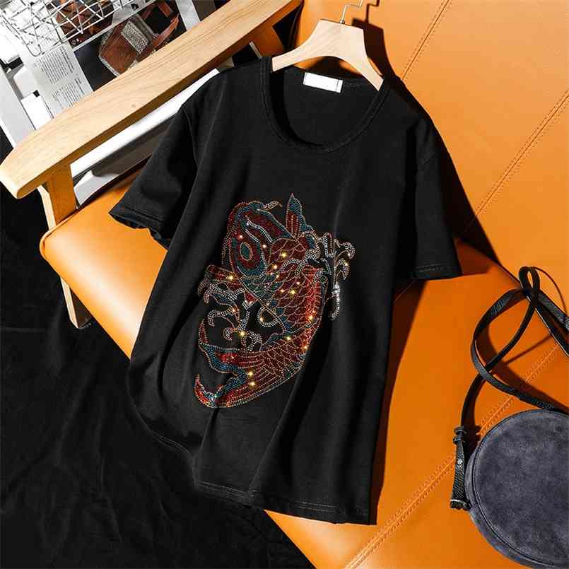 

Street leisure fashion Koi diamonds short-sleeve t-shirt women summer loose big size 250g Wearable tops pullovers 210708, Black