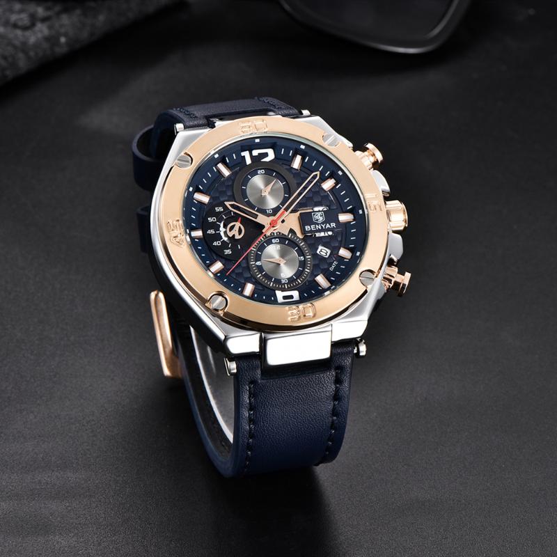 

Wristwatches BENYAR- Men's Quartz Business Watch Fashion Casual Chronograph Sports Waterproof Relogio Masculino, Silver black