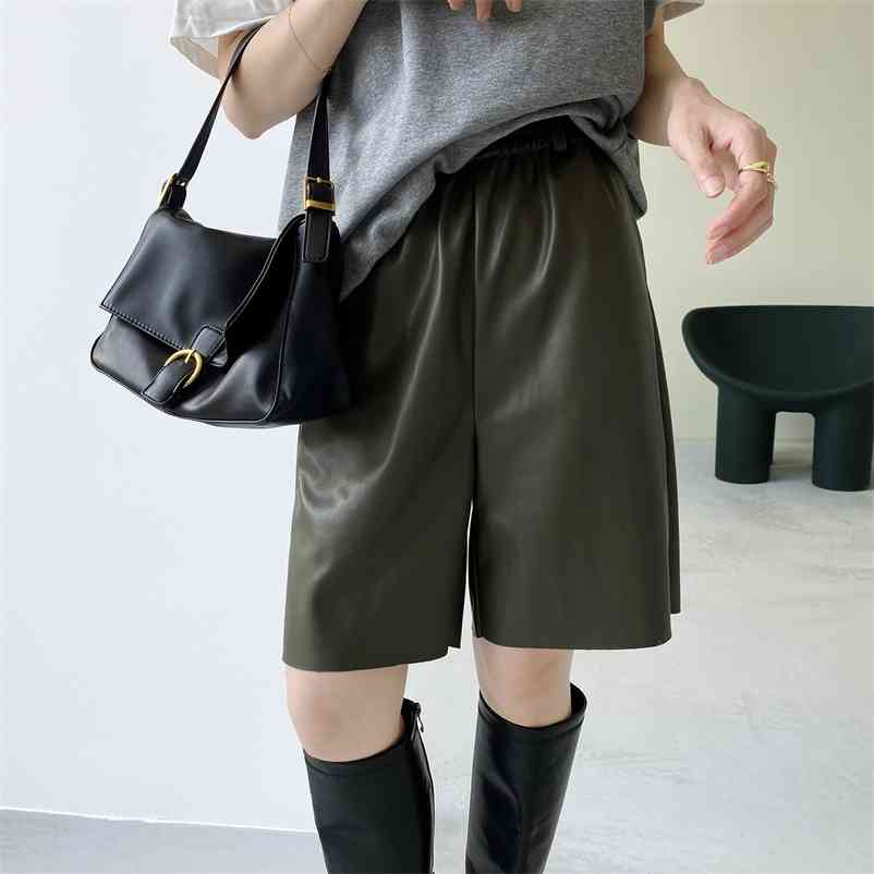 

Pu leather short's five-point pants autumn high-waisted thin outer wear straight 210603, Khaki
