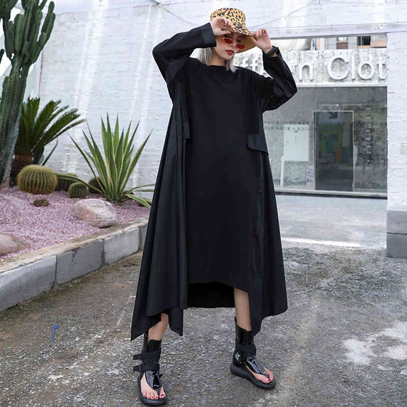 

casual dresses [eam] irregularly black female oversized long dress around the neck sleeve loose fashion adjustment spring 1de1077 e7zt 0h59, Black;gray