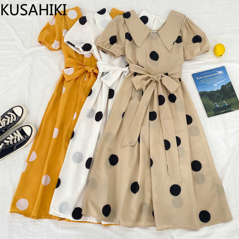 

KUSAHIKI Summer Dot Dresses Korean Puff Sleeve Peter Pan Collar Vestido Femme Bow Bandage Slim Waist Women Dress 6G186 210602, Pink