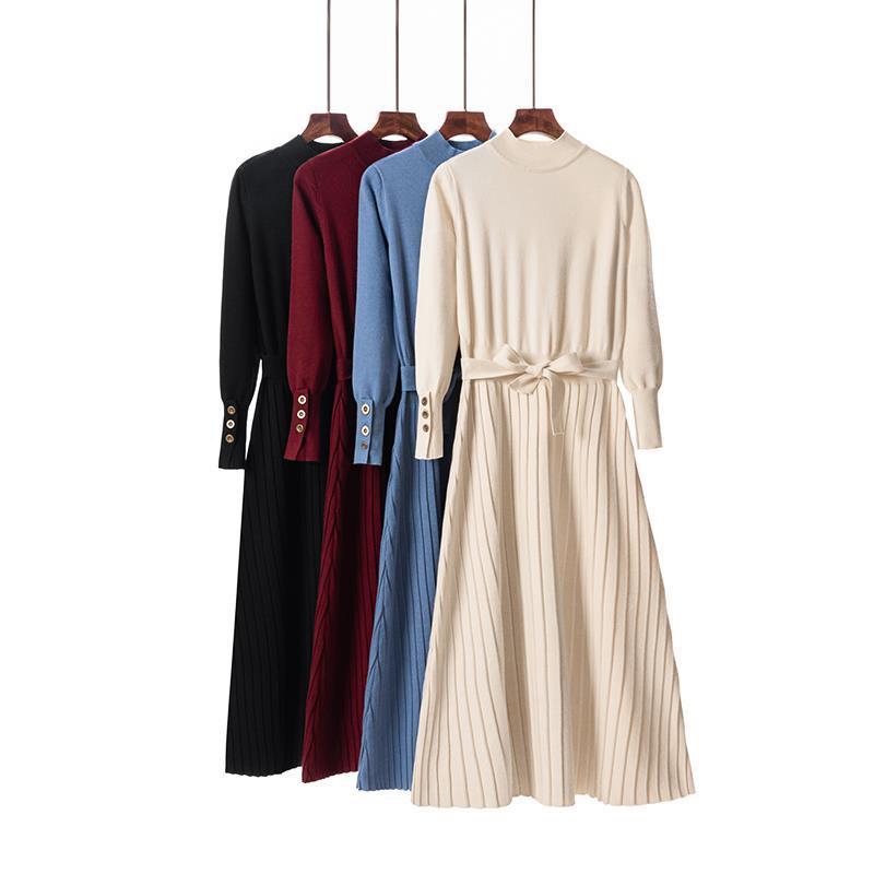 

Fashion Autumn Offical Lady Temperament Women's Long Sleeve O Neck Pleated A Line Wasit Chic Dresses Dress Female 210520, Burgundy