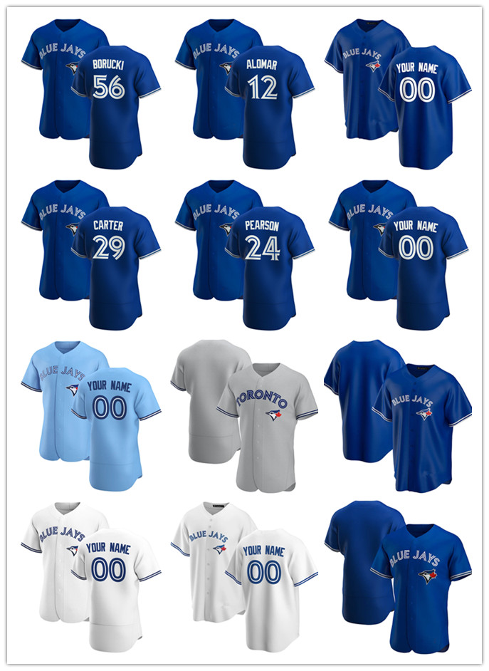 

Custom Jersey Mens women Toronto Blue Jays 24 Nate Pearson 56 Ryan Borucki 12 Roberto Alomar 29 Joe Carter Baseball Jerseys, Blue;black