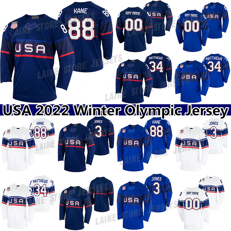 

USA 2022 Winter Olympic Jersey 34 Auston Matthews 88 Patrick Kane 9 Jack Eichel 19 Matthew Tkachuk 3 Seth Jones 43 Quinn Hughes 23 Adam Fox hockey jersey, Blue youth(kids)