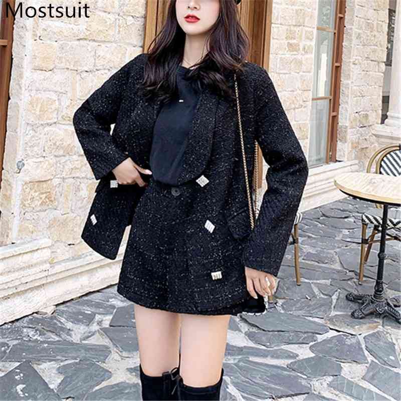 

Office Fashion Tweed Two Piece Shorts Suits Sets Women Double Breasted Blazer + Outfits Korean Workwear Ladies 210518, Gray