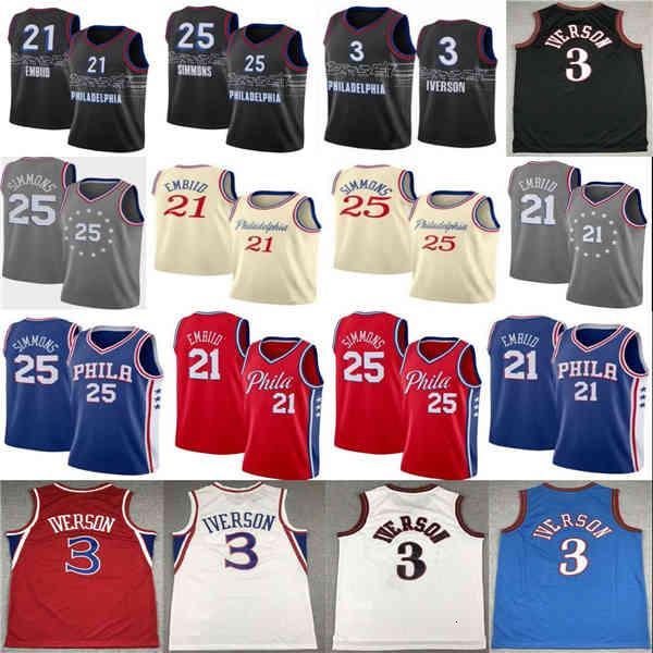 

2021 top Basketball Jersey Mens Philadelphia Sixers 76er jersey Allen 3 Iverson Joel 21 Embiid Ben 25 Simmons Julius 6 Erving Mens, Black;red