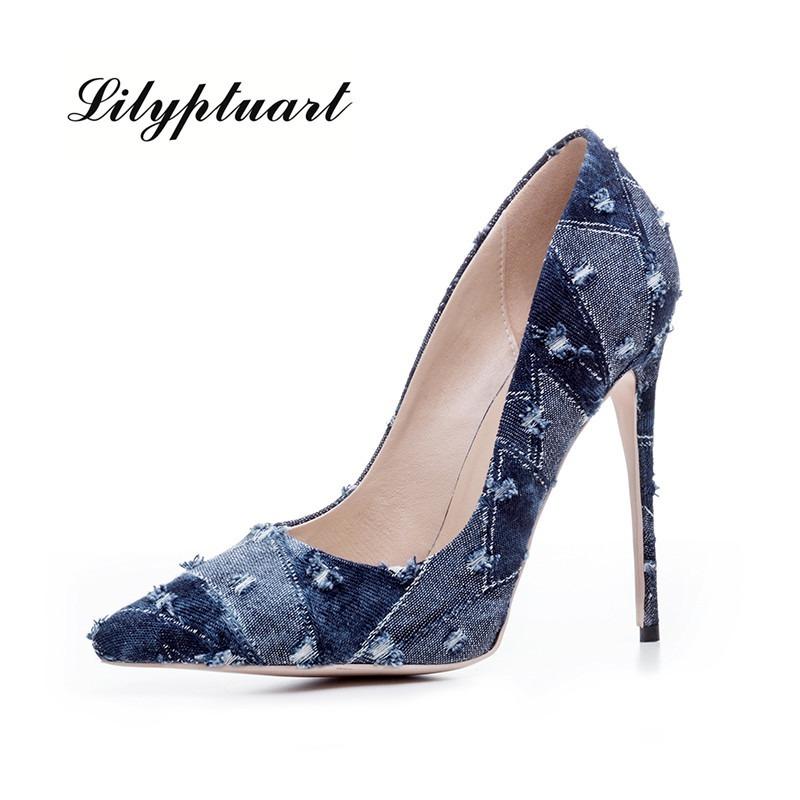 

Dress Shoes 2021 Spring And Summer Mary Jane Women's High Heels Pointed Toe Denim Sexy Single Women For, Black