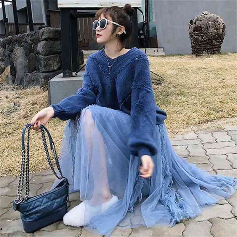 

Women Spring Autumn Elegant Pullover Sweater + Pleated Skirt 2 Piece Set Female Knitted Tops And Mesh Slim Suit 210603