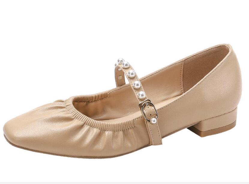 

2021 spring and autumn new square toe all-match fairy princess shoes pearl shallow mouth flat shoes, Brown