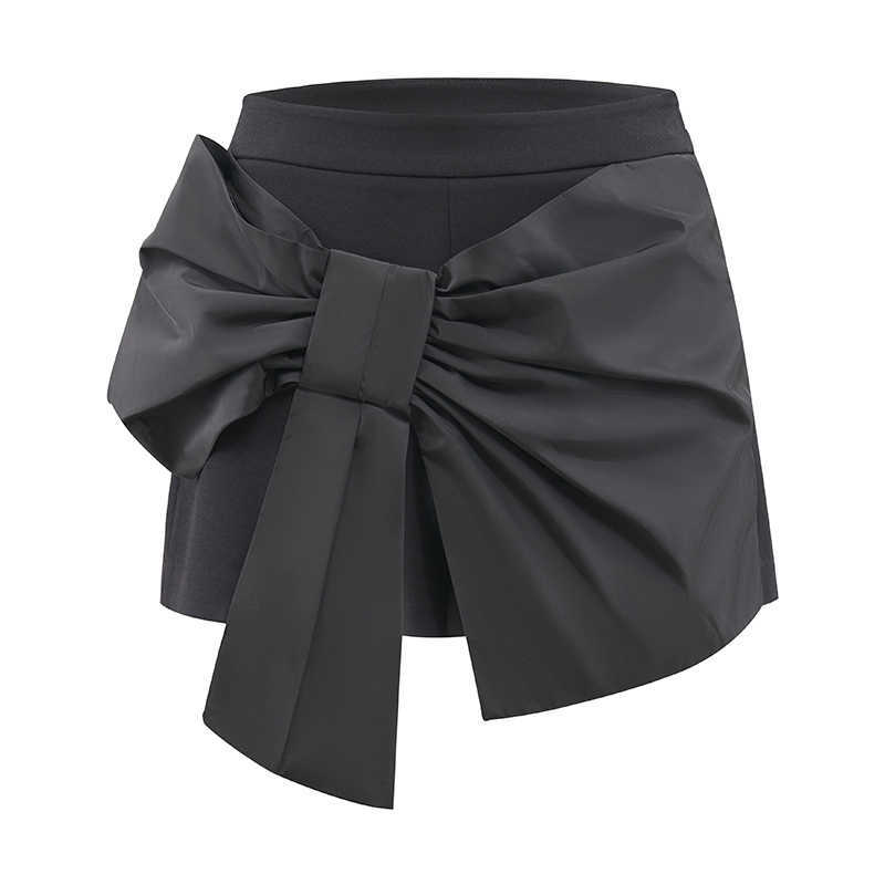 

Spring Summer High Waist Bow Solid Wide Leg Shorts Casual All Match Slim Pants Black Skirt 210615