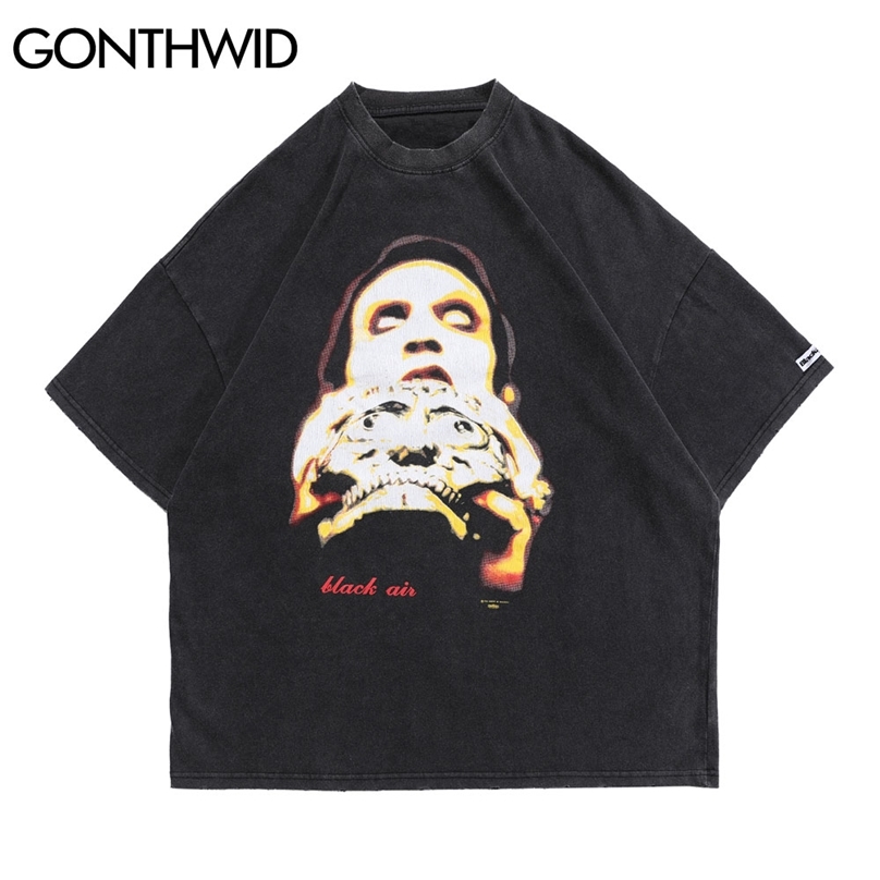 

Tshirts Streetwear Skull Mask Print Ripped Distressed Oversized Tees Shirts Hip Hop Punk Rock Gothic Casual Cotton Tops 210602, Black