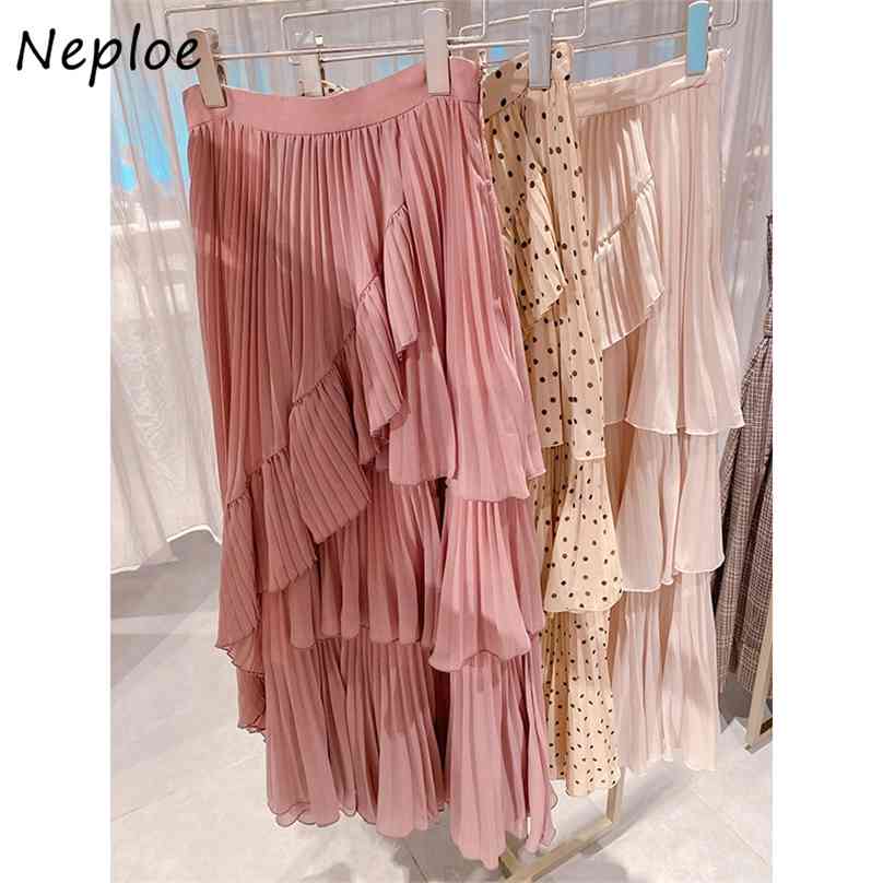 

Neploe Japan Style Vintage Polka Dot Women Skirt Irregular Ruffles Femme Jupe High Waist Bodycon Mid-length Chiffon Skirts 210629, Light pink