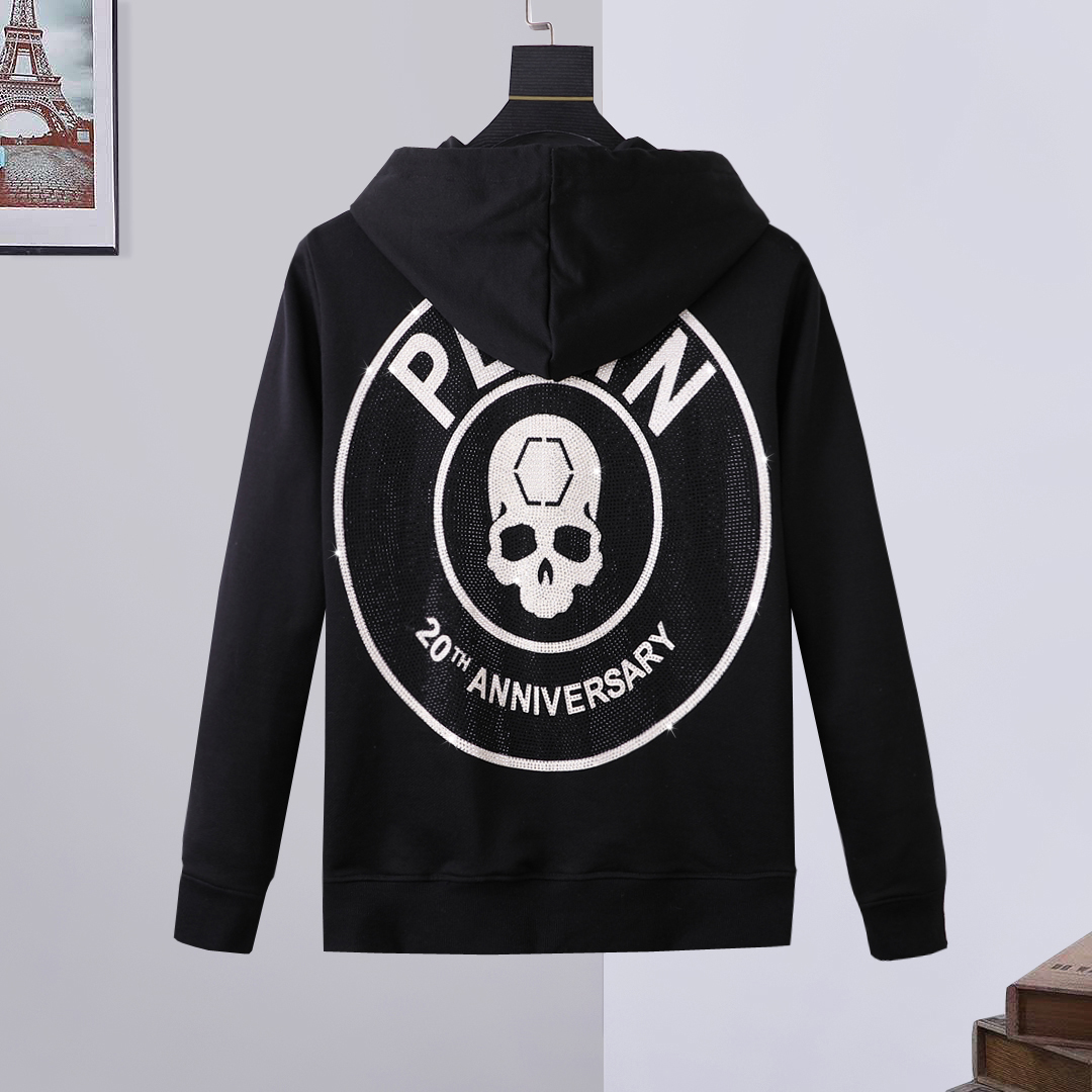 

PLEIN BEAR Brand Warm Thick Sweatshirt Hip-Hop Loose Characteristic Personality Skull Pullover Rhinestone Luxury Men's Hoodie 81436, Black