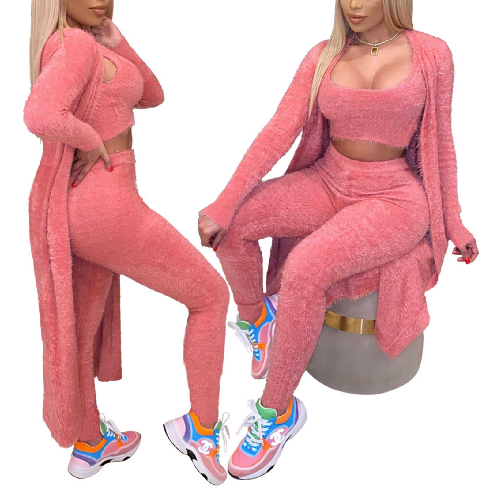 

Women 3 Piece Outfits Set Winter Sexy Fuzzy Fleece Long Cardigan Scoop Neck Crop Tank Top High Waist Pants Loungewear Set Y0625, White