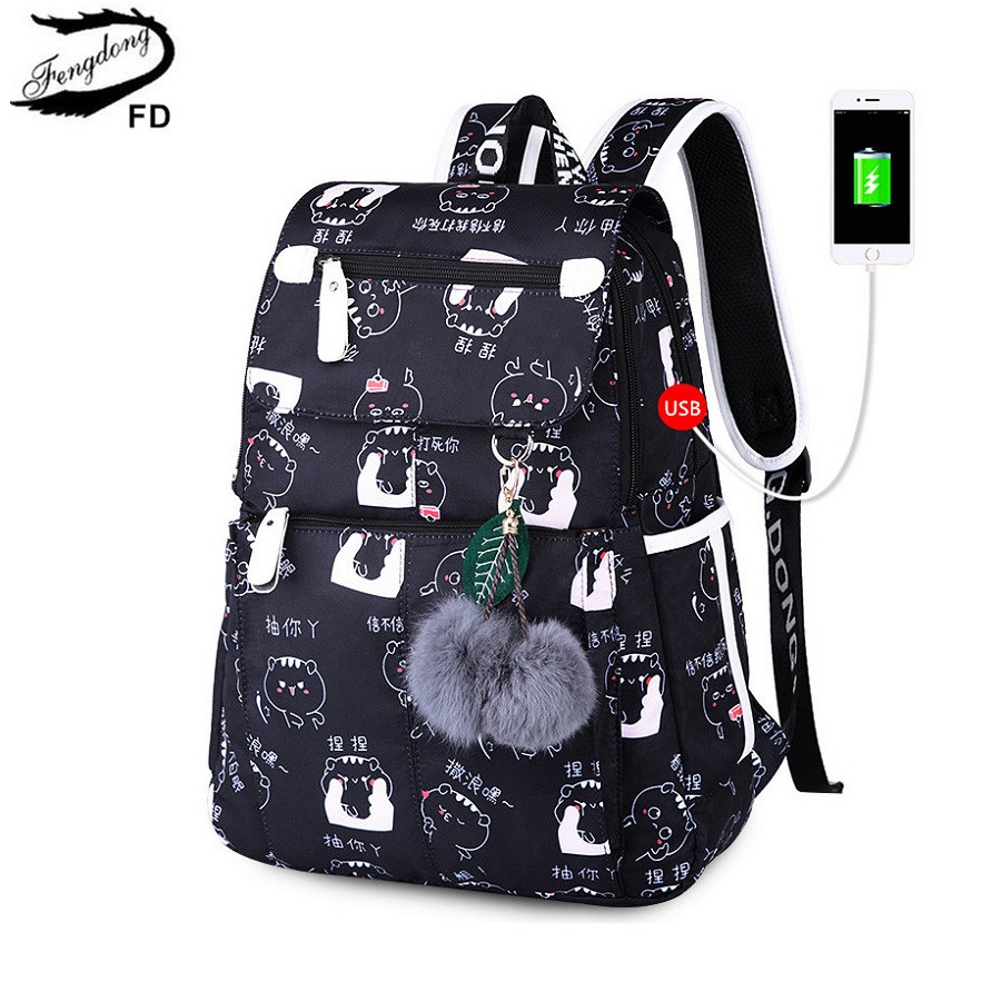 

Fengdong female fashion school backpack usb school bags for girls black backpack plush ball girl schoolbag butterfly decoration, Black cat