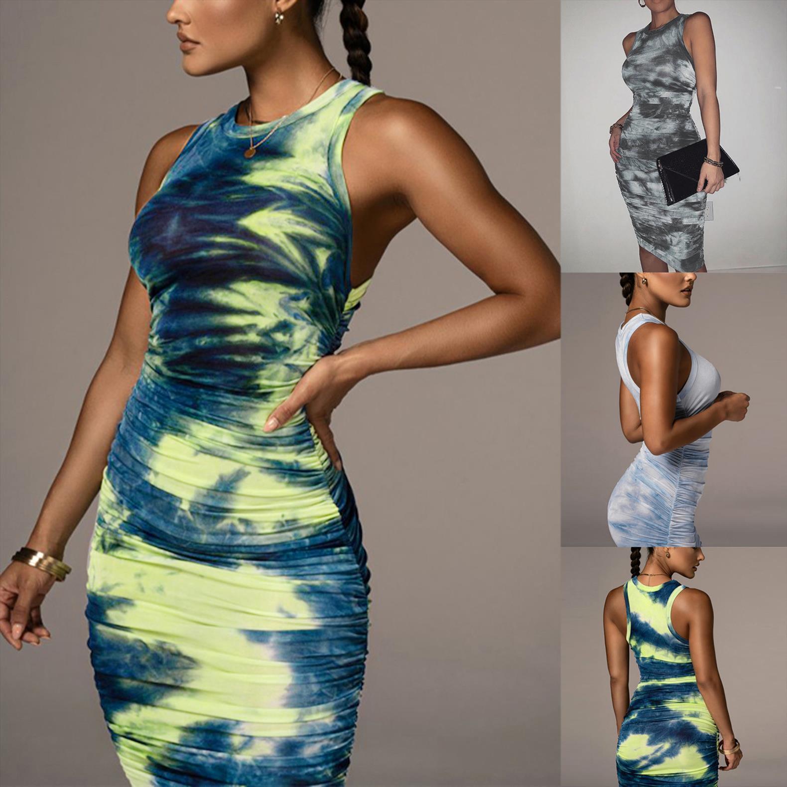 

summer sleeveless womens dress round neck fashion print midi skirt slim bodycon knee length sundress, Black;gray