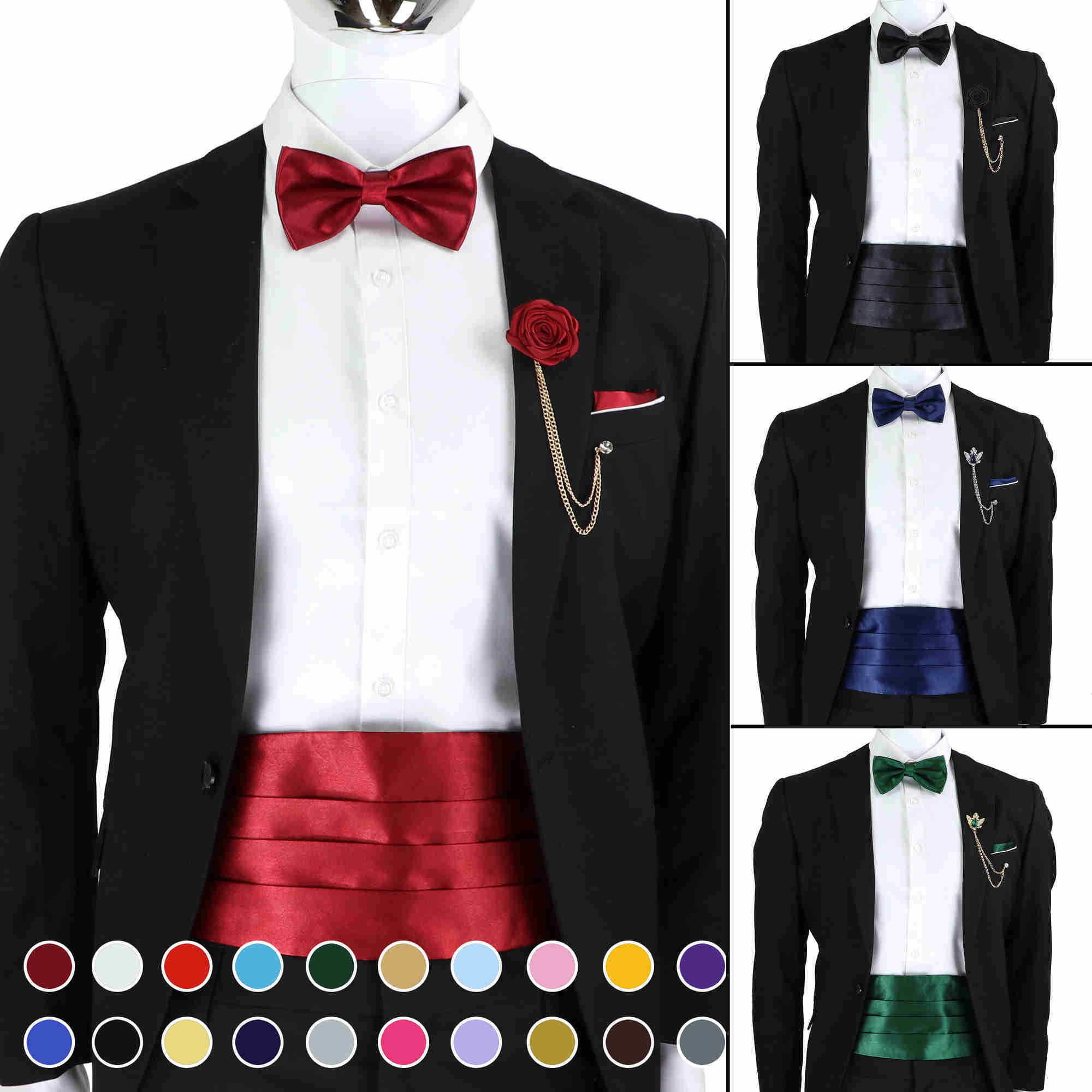

New Fashion Mens Cummerbund Bow Tie Brooch Set Black Red Blue Waist Seal For Formal Tuxedo Business Suit Dinner Accessories H1018