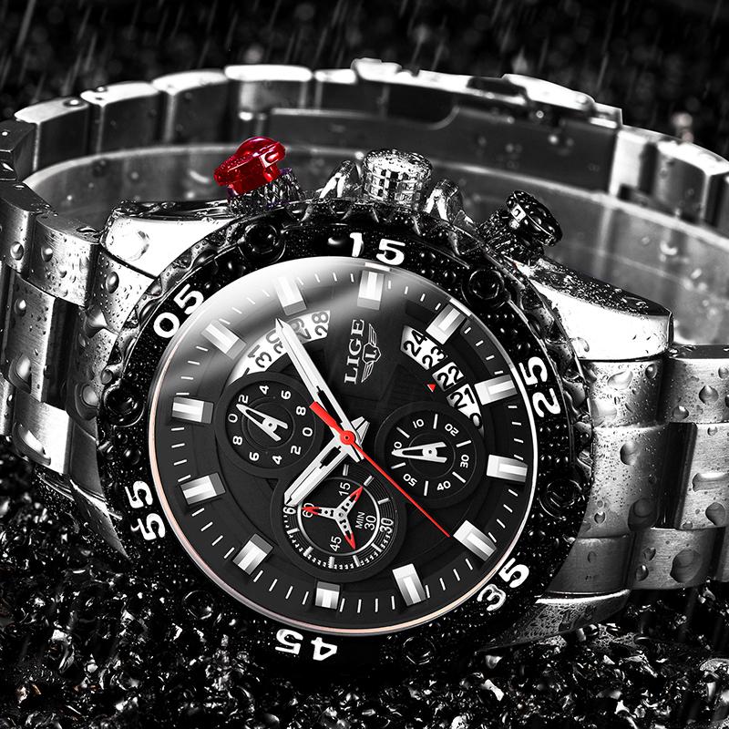 

Wristwatches 2021 Fashion Mens Watches LIGE Top Watch Men Stainless Steel Big Dial Waterproof Sport Quartz Clock Chronograph, Slivery;brown