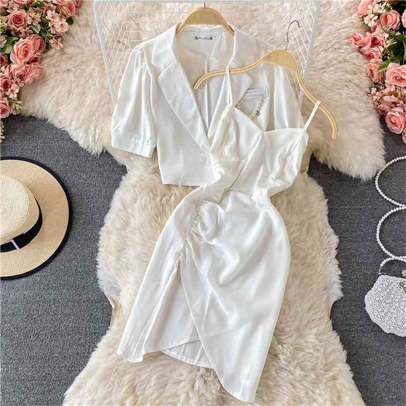 

Sexy Women' Two Piece Set White Black Short Sleeved Coat + Spaghetti Strap Sleeveless Slim Irregular Mini Dress Suits 210603