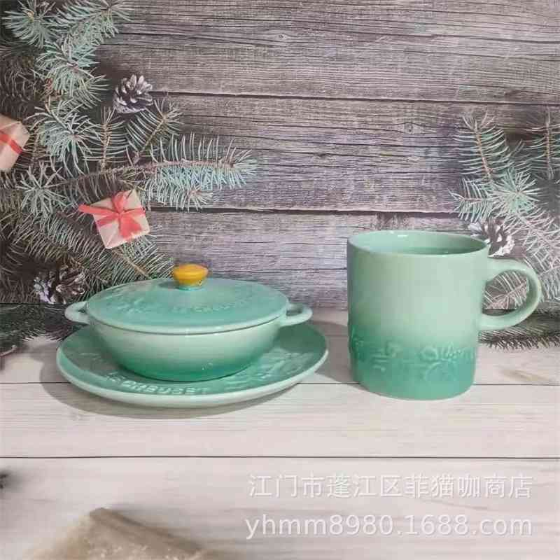 

French l family Holly relief stoneware porcelain double ear small stew cup soup baking pot ceramic mug plate tableware set