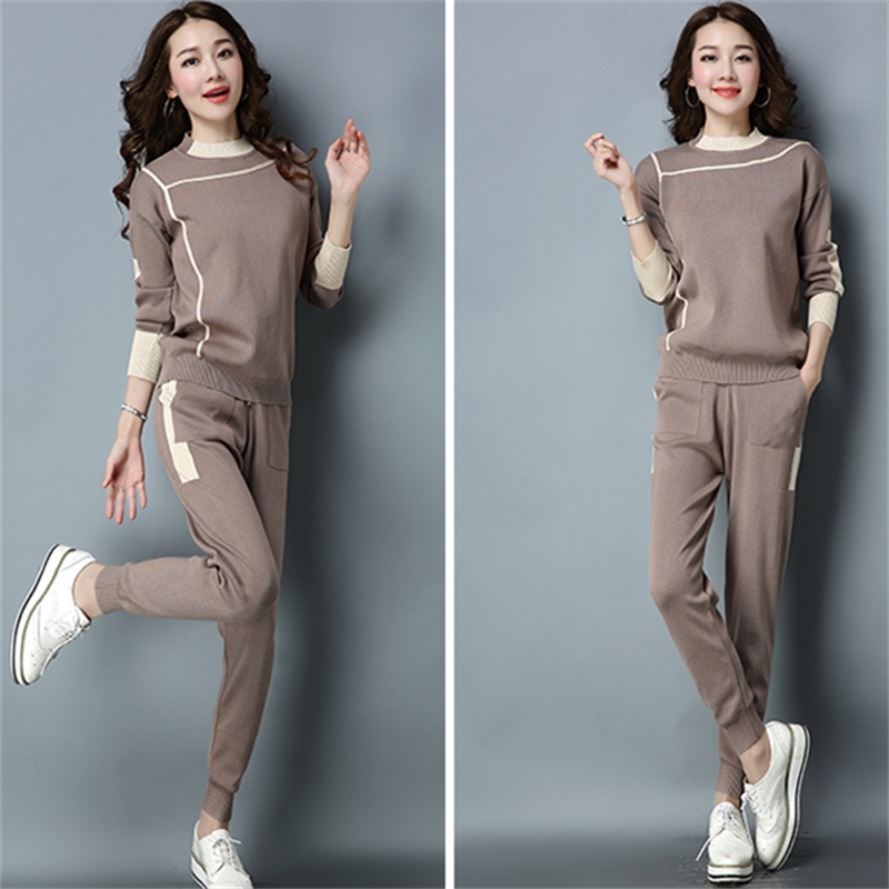

Autumn Woman Sweater Suits Knit Casual Tracksuits Crewneck Pullovers+Drawstrings Elastic Pants 2 Piece Sets Female Outfits 210603, Khaki