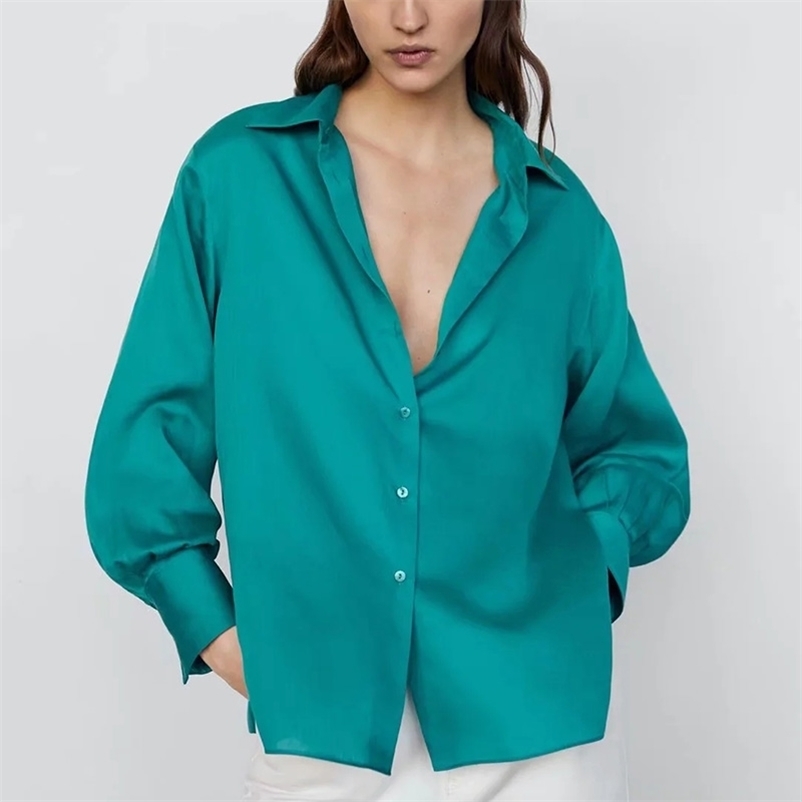 

Women spring summer blouses shirt two pieces long sleeve Three colors of silk plain lapel casual shirts 210524, Green