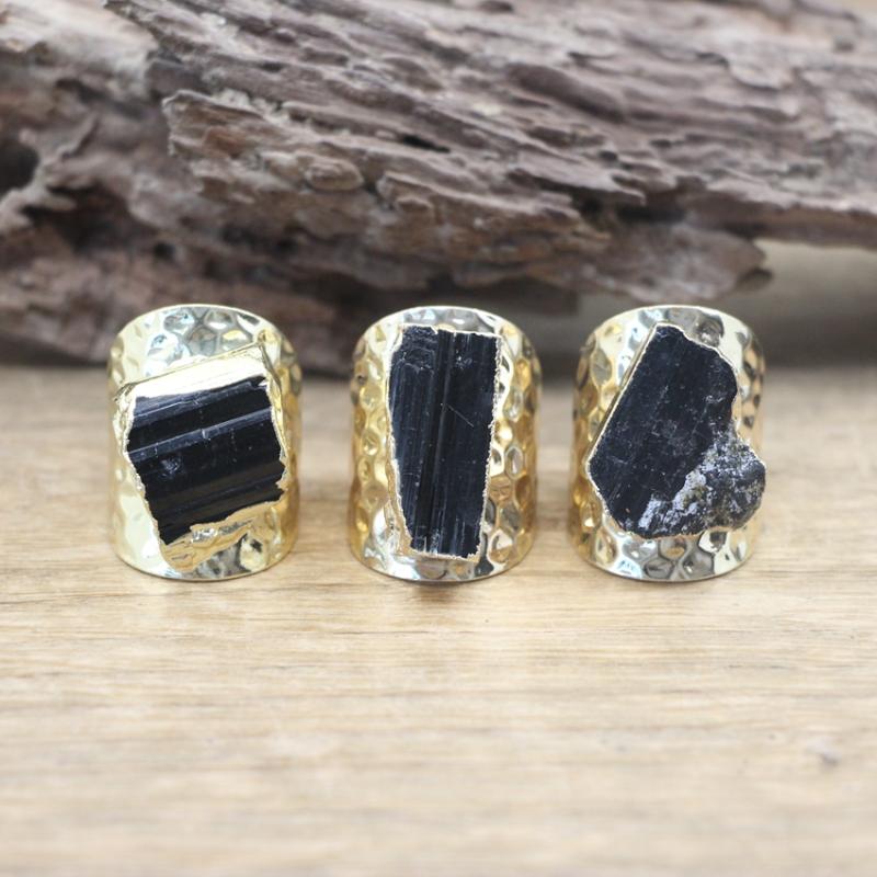 

cluster rings irregular natural black tourmaline gold plated ring healing ore stone adjustable fashion men women jewelry gifts,qc4066, Golden;silver