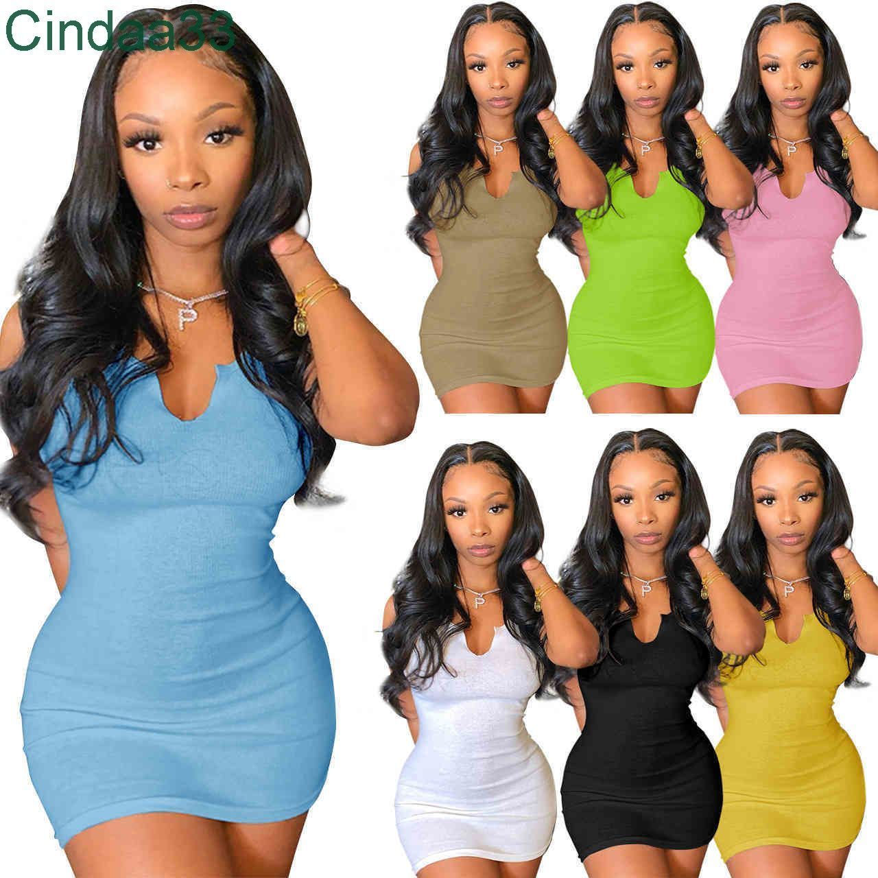 

Women Dresses Designer Slim Sexy Summer Solid Color Deep V-neck Suspender Vest Sleeveless Short Skirt Simple Clothing, Fluorescent green