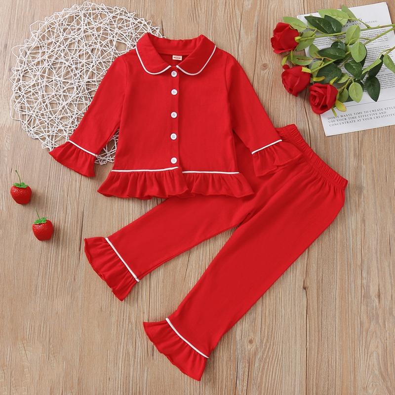 

Pajamas Kids Girl Clothing Set Autumn Spring Christmas Red Ruffle Family Suit Baby Full Sleeve Pyjamas Sleepwear Outfits, Blue;red