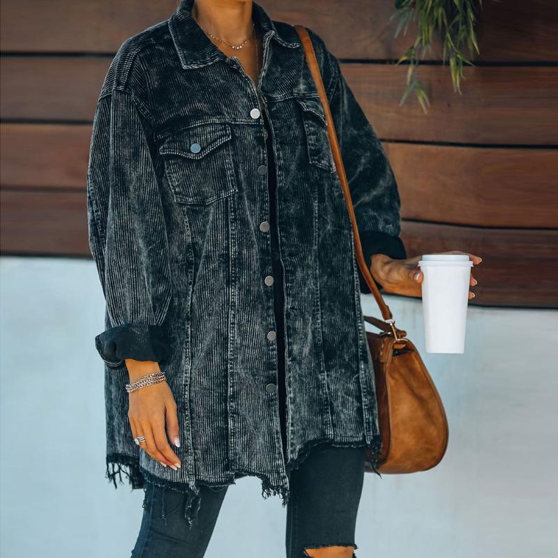 

Women's Jackets NSHYPOI 2021 Winter Product Washed Black Stitching Tassel Corduroy Top Coat Shirt Jacket Clothing, Black;brown