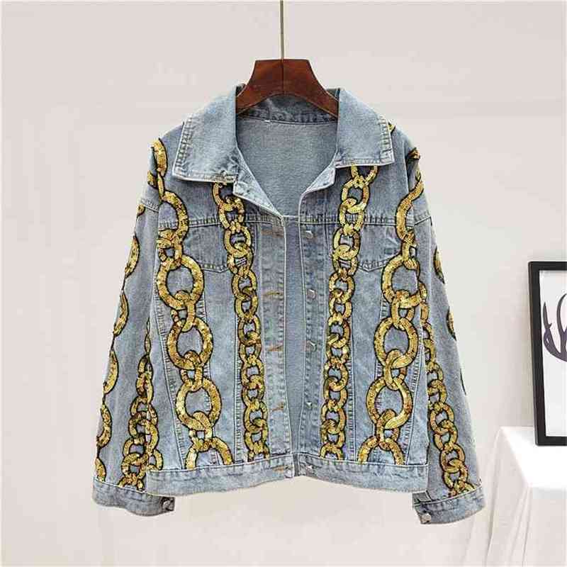 

Spring Summer Chain Embroidery Denim Jacket Woman Long Sleeve Thailand Fashion Golden Sequins Coat Boyfriend 210603