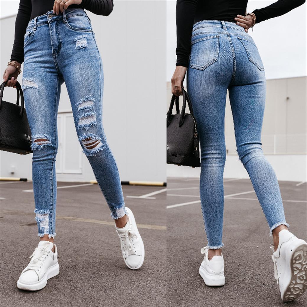 

fashion mid waist skinny ripped women jean hole tassel stretch denim pencil long pants female slim trousers, Blue