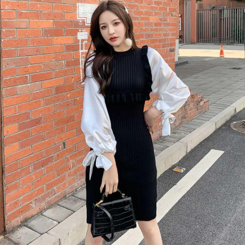 

Spring Women Ruffles Sweater Dress Female Retro Knitted patchwork Long sleeve Elegant Ladies High waist Chic 210526, Black