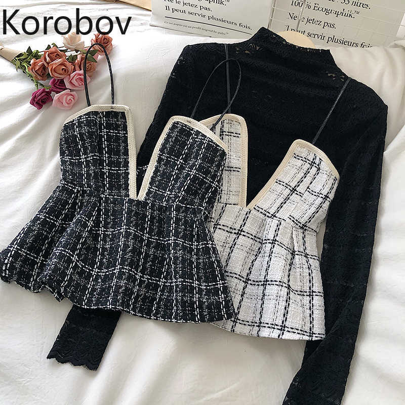 

Korobov Vintage Hit Color Elegant Women Tank Top Chic Knitted Spaghetti Strap Tops Streetwear OL Ruched Female Vest 210616, Black